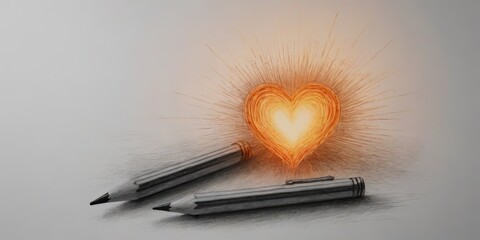 Poster - A heart is drawn on a piece of paper with a pencil and another pencil next to it
