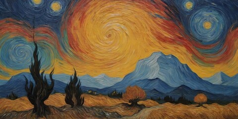 Poster - A painting of a mountain range with a bright yellow sun in the background