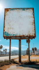 Rustic weathered blank billboard, roadside, sunny day, desert landscape.