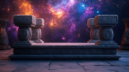 Poster - Intricate Stone Platform Against Cosmic Background for Photography