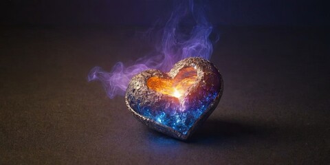 Poster - A heart made of metal and glowing with a blue and purple flame