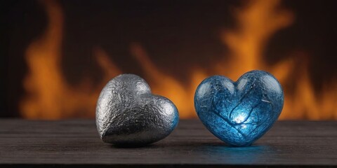 Poster - Two hearts are on a table next to a fire