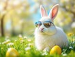 © IbragimovN - Cool bunny with sunglasses relaxing in a spring meadow surrounded by flowers and easter eggs