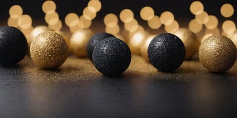 Poster - A bunch of gold and black balls on a black background