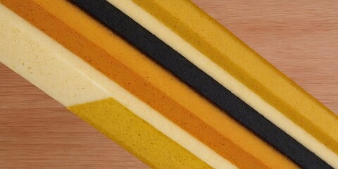 Poster - A wooden board with a yellow, black, and brown striped piece of foam on it