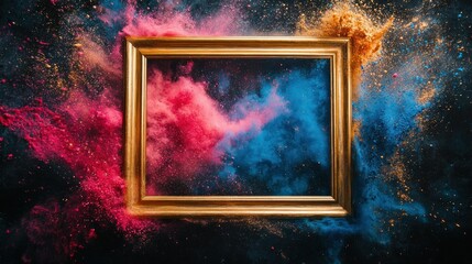 Poster - Antique Gold Frame Surrounded by Bright Colorful Paint Explosions on Dark Background