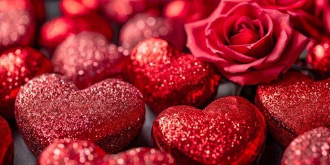 Poster - A bunch of red hearts and a rose are arranged together