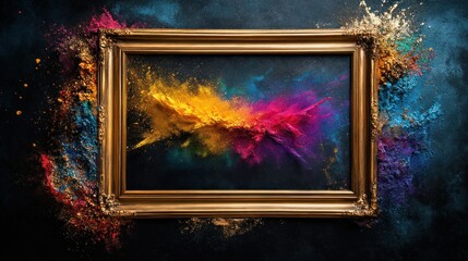 Poster - Vibrant Abstract Art in Antique Gold Frame with Bright Colorful Brush Strokes