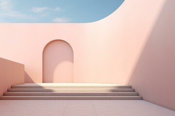 Poster - Architectural visualization of a modern minimalist building featuring stairs, an arch, and pink walls, set against a blue sky