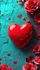 Poster - A heart made of glass sits on a blue background with red roses surrounding it