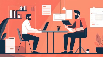 Poster - Two professionals discussing ideas in a modern office setting.