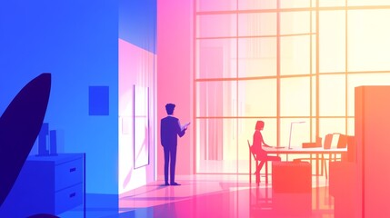 Poster - A stylized office scene with a person reading and another working at a desk, illuminated in vibrant colors.