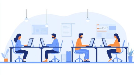 Aufkleber - A modern office scene with people working on computers in a collaborative environment.
