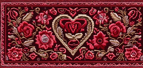 Poster - A red and gold embroidered piece of fabric with a heart and flowers