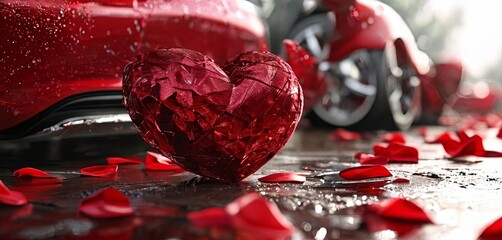 Poster - A heart made of glass is on the ground next to a red car