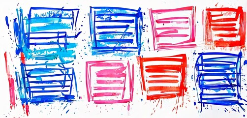 Poster - A painting of a bunch of different colored squares with blue, red, and pink