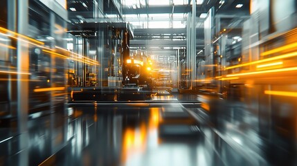 Poster - Blurry View of a Futuristic Factory Floor with Robots in Motion