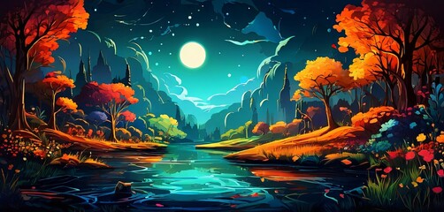 Poster - A beautiful painting of a forest with a large moon in the sky