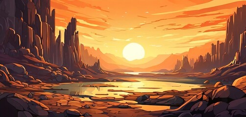 Poster - A desert landscape with a large rock formation and a large body of water