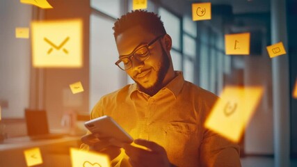 Aufkleber - Young entrepreneur using a mobile phone, surrounded by vibrant social media icons, working late at night in a modern office with a new application for innovative marketing strategies