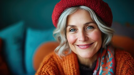 A sophisticated woman with gray hair, smiling warmly and wearing a red knit hat with an orange sweater, sitting comfortably with a charming background indoors.