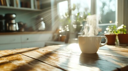 Wall Mural - A white mug emits steam while sitting on a wooden table in a sunlit kitchen, surrounded by warmth and natural light, creating a cozy, inviting atmosphere.