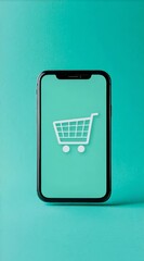 Poster - Modern smartphone showcasing a shopping cart icon against a vibrant turquoise background, highlighting the convenience and accessibility of the online shopping experience
