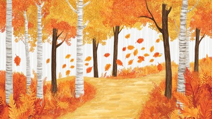 Wall Mural - Autumnal path through a birch forest with falling leaves.