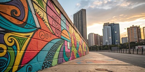 Poster - A colorful mural on a brick wall with a city skyline in the background