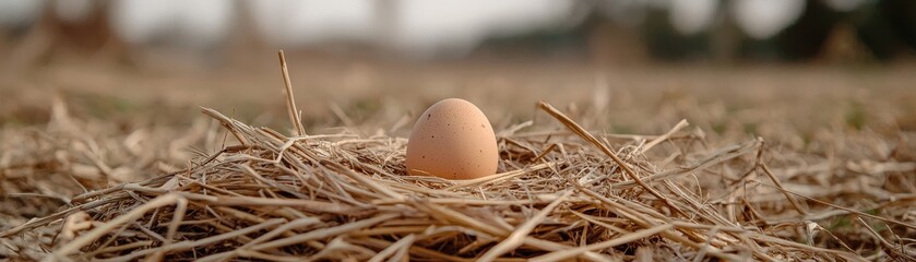 A solitary egg rests in a bed of straw, surrounded by a natural setting, symbolizing new beginnings and nature's simplicity.