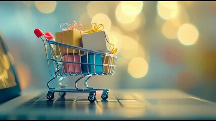Poster - Miniature shopping cart filled with colorful gift boxes resting on a laptop keyboard, illustrating online shopping and e commerce amidst festive bokeh lights