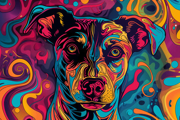 Poster - A vibrant and colorful line art of a dog surrounded by swirling abstract patterns.