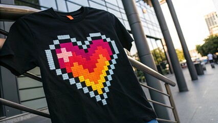 Poster - A black shirt with a heart on it is displayed on a railing