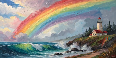 Aufkleber - A painting of a lighthouse and a rainbow over the ocean