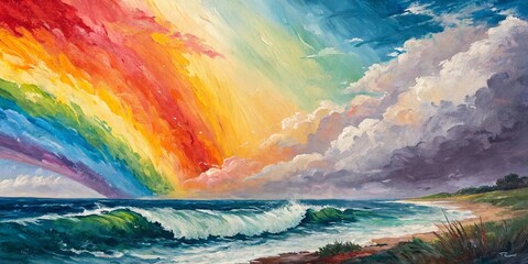 Aufkleber - A painting of a rainbow over the ocean with a storm in the background
