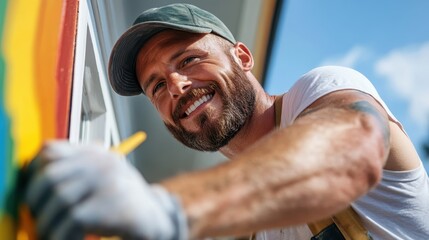 a smiling man in casual work attire is depicted painting a house, exemplifying craftsmanship and hap