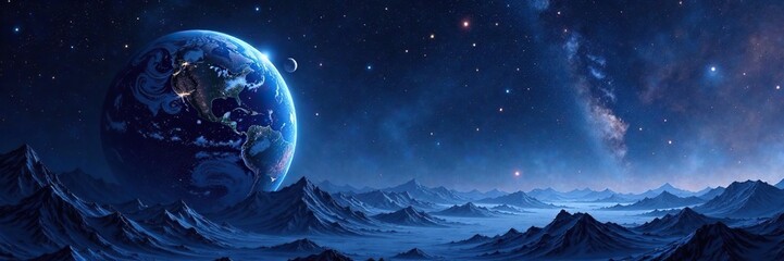 galactic landscape with abstracted earth on dark blue marble background, universe, nebulae, planet