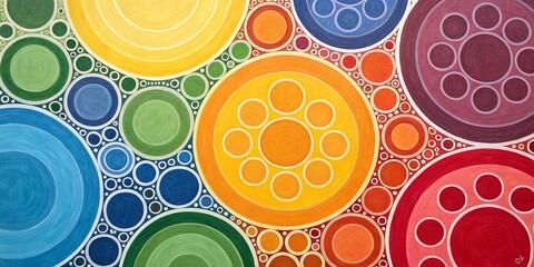 Aufkleber - A colorful painting of circles with a rainbow background