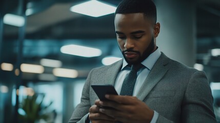 Poster - Corporate Worker Analyzing Data on Smartphone in Modern Office