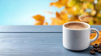 Wall Mural - A photostock of a steaming cup of coffee on a wooden table surrounded by autumn leaves, with warm sunlight streaming through the trees, symbolizing seasonal comfort. High Quality