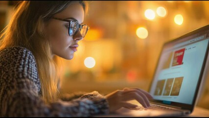 Poster - In a warmly lit room at night, a young woman wearing glasses is browsing an online store on her laptop, engaging in e commerce and preparing for a potential delivery