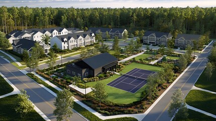 Aerial view of a residential community with tennis court and clubhouse.