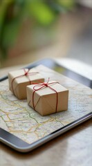 Poster - Two small, neatly wrapped packages tied with red string sit on a tablet displaying a map, symbolizing online shopping and the delivery process