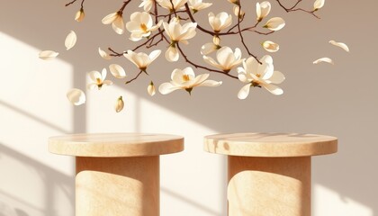 Poster - Elegant Light Beige Magnolias with Petals Gracefully Drifting Through the Air Above Polished Sandstone Pedestals for Decorative and Artistic Uses