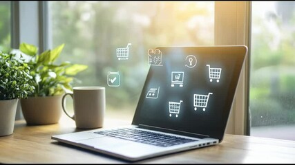 Poster - Open laptop displaying online shopping icons suggesting e commerce and delivery services, resting on a wooden desk beside potted plants and a coffee mug by a window