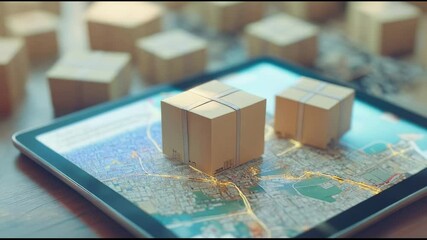 Poster - Cardboard boxes moving on a digital tablet showing a map with glowing lines, representing the concept of online shopping, e commerce, and fast delivery