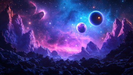 A colorful space scene with three planets and a large purple cloud