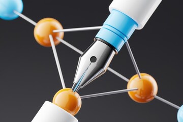 Poster - A fountain pen pierces a network of interconnected spheres, symbolizing the connection between writing and ideas.
