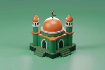 Aufkleber - A stylized 3D model of a mosque, featuring a green structure, orange dome, and crescent moon.