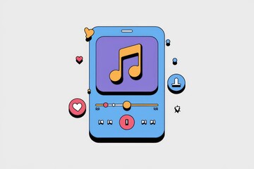 Poster - Mobile music player interface with music note, play, pause, download, and like buttons.